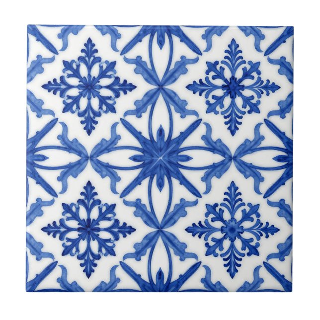 Blå vit Azulejo-kakel Blommönster Kakelplatta (Framsidan)