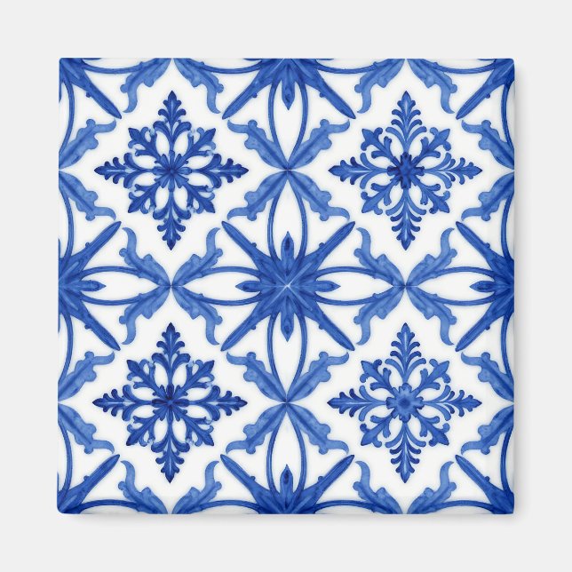 Blå vit Azulejo-kakel Blommönster Magnet (Framsidan)