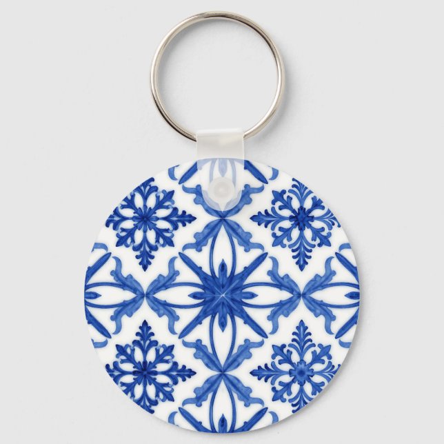 Blå vit Azulejo-kakel Blommönster Nyckelring (Framsida)