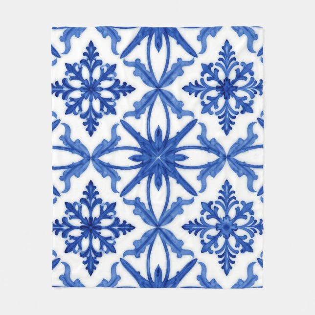 Blå vit Azulejo-kakel blomster Mönster Fleecefilt (Framsidan)