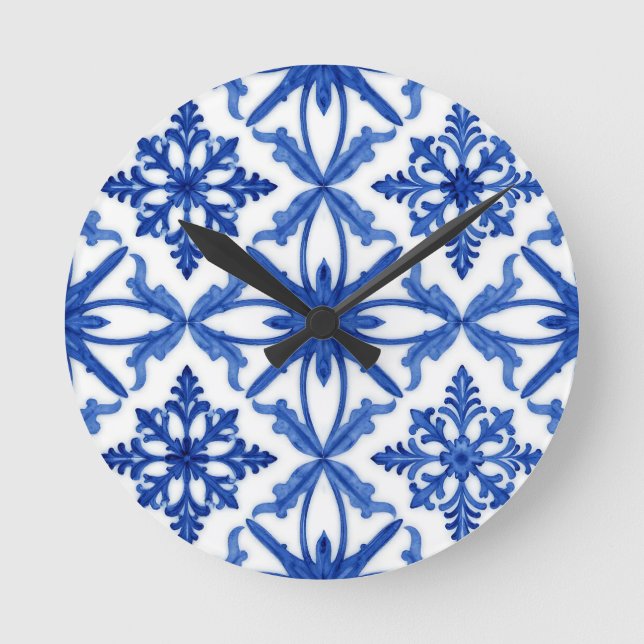 Blå vit Azulejo-kakel blomster Mönster Rund Klocka (Framsida)