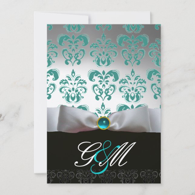 BLÅ VIT BANDSLINGA SVART DAMAST-MONOGRAMM Champagn Inbjudningar (Framsida)