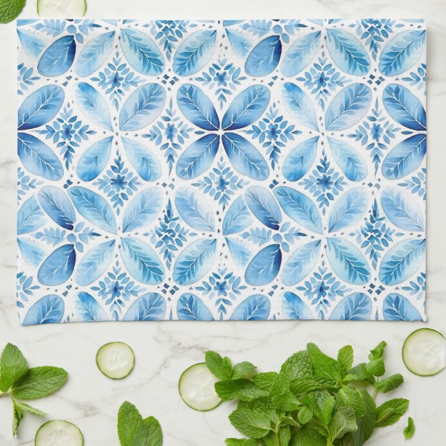 Blå Vit Batik Blommig Bröllopsdusch Kökshandduk (Vikta)