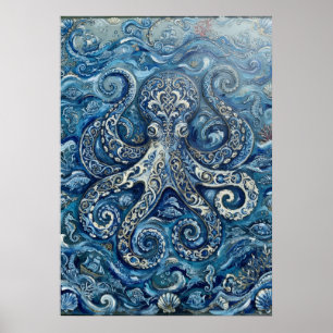 Blå Vit Bläckfisk Ocean Poster