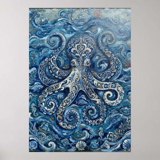 Blå Vit Bläckfisk Ocean Poster (Framsidan)