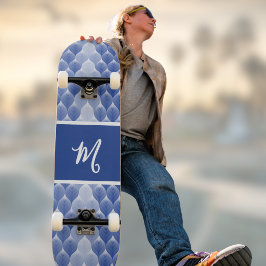 Blå Vit Blad Modern Geometrisk Monogram Namn Mini Skateboard Bräda 18,5 Cm