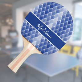 Blå Vit Blad Modern Geometrisk Monogram Namn Pingisracket
