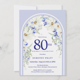 Blå Vit Blommig Boho Båge 80-års Födelsedagsfest Inbjudningar