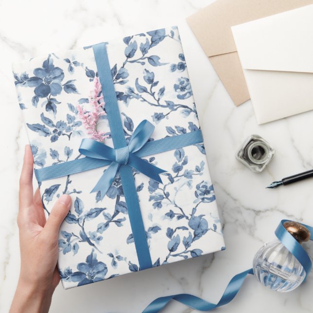 Blå Vit Blommig Bröllopsdusch Presentpapper (Gifting)