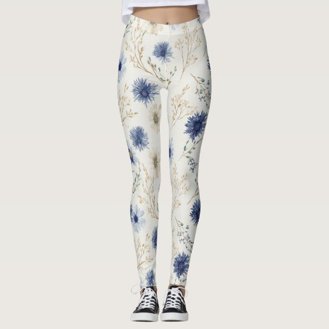 Blå Vit Blommig  Leggings (Framsida)