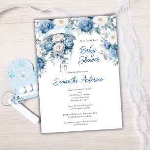 Blå Vit Blommig Paraply Pojke Baby Shower Inbjudningar