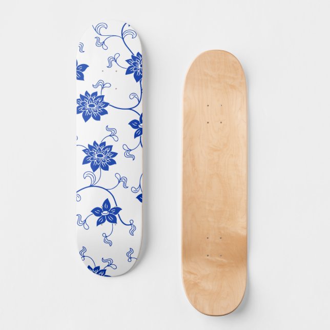 Blå & Vit Blommig Skateboard, Inspirerad av Kintsu Mini Skateboard Bräda 18,5 Cm (Framsida)