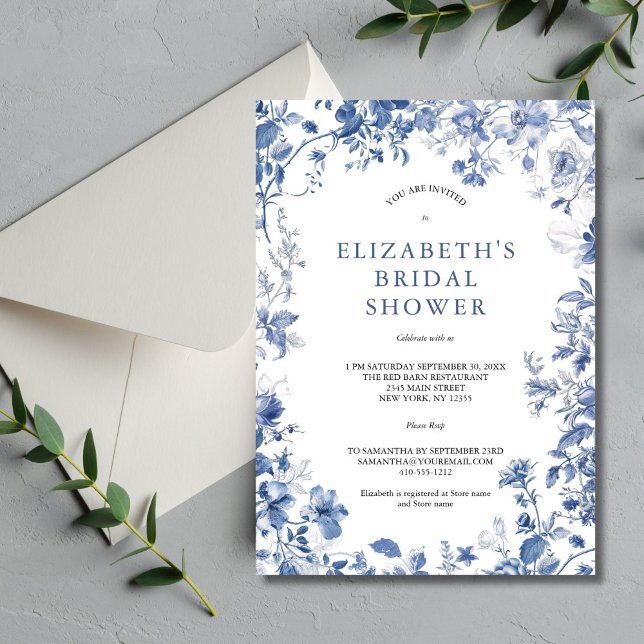 Blå Vit Blommig Toile Akvarell Bröllopsfest Inbjudningar (Blue white watercolor floral toile Bridal Shower invitation. Printed or Digital Download)