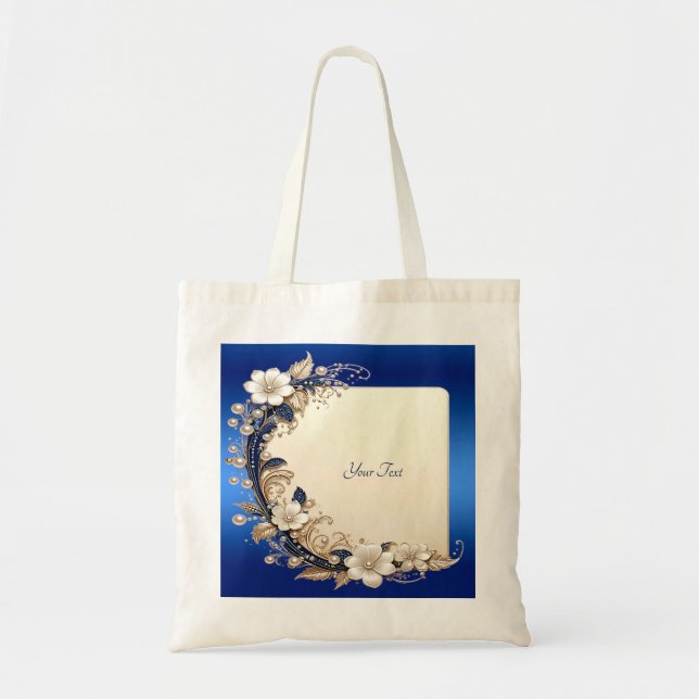 Blå Vit Blommig Tote Bag Tygkasse (Framsidan)