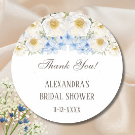 Blå Vit Blommig Trädgård Bröllopsdusch Tackkort Runt Klistermärke