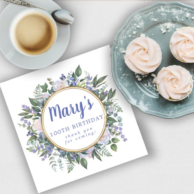 Blå vit Blommigt 100:e födelsedagsdagen Tack Pappersservett (Skapare uppladdad)