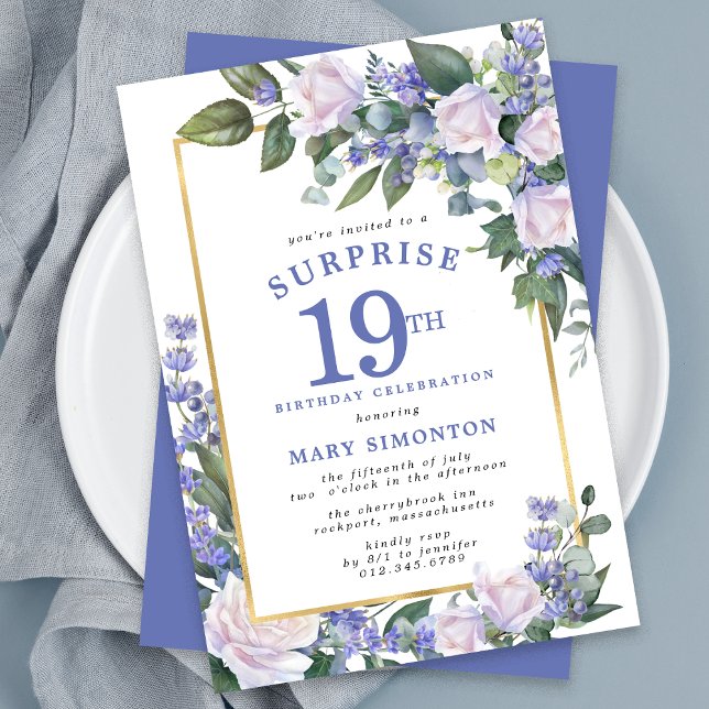 Blå vit Blommigt 19:e födelsedagen Surprise Party Inbjudningar (Skapare uppladdad)