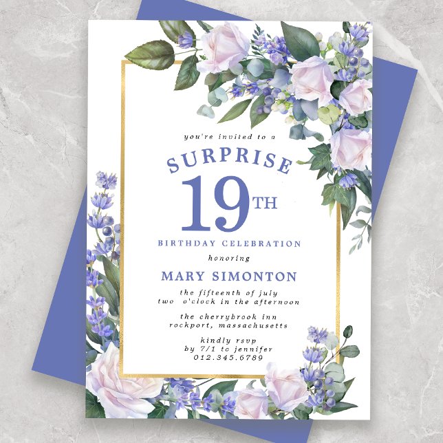 Blå vit Blommigt 19:e födelsedagen Surprise Party Inbjudningar (Skapare uppladdad)
