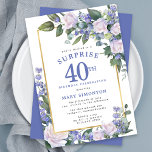 Blå vit Blommigt 40:e födelsedagen - överraskning  Inbjudningar<br><div class="desc">Äkta en speciell kvinna med denna elegant och feminin 40: e födelsedagspartiets inbjudan. Överraskning och 40:e är skrivna i stor blå text. Födelsedagens firande följer. Gästgästens namn ligger också i blå huvudstad brev. Information om födelsedagsfirandet omges av en chic guld ram. Blommigten inslag är inkapslad i löv i djupa gröntar....</div>
