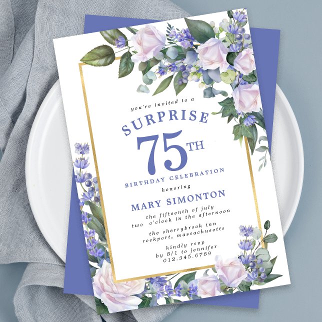 Blå vit Blommigt 75:e födelsedag Party Inbjudningar (Skapare uppladdad)