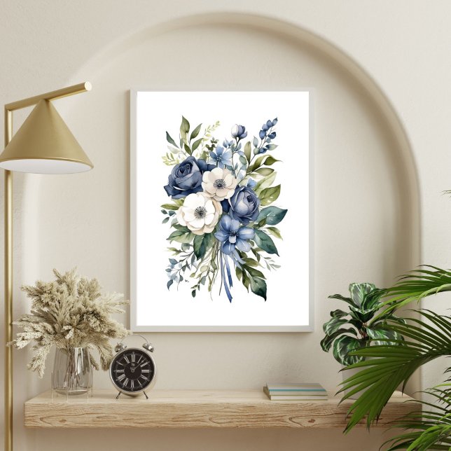 Blå vit Blommigt Blommor Vattenfärgad Elegant Poster (Blue White Floral Greenery Watercolor Wall Art Poster Print. Digital Download or Printed by Zazzle)