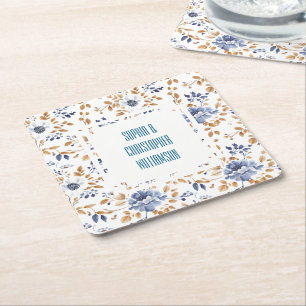 Blå vit Blommigt Bröllop Underlägg Papper Kvadrat