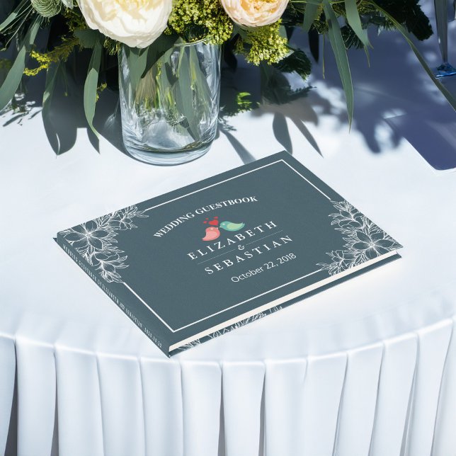 Blå vit Blommigt Love birds Bröllop Guestbook Gästböcker (Skapare uppladdad)