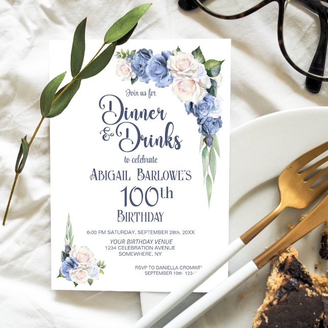 Blå vit Blommigt Middag och drycker 100:e födelsed Inbjudningar (Skapare uppladdad)