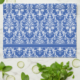 Blå vit Blommigt Swirls Damask 4 Monogram Kökshandduk