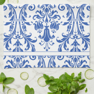 Blå vit Blommigt Swirls Damask Monogram Kökshandduk