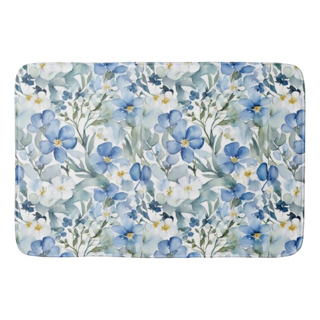 Blå vit blommor Vattenfärgad Chic Badrumsmatta (Framsidan)