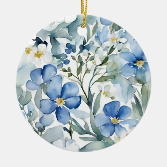 Blå vit blommor Vattenfärgad Chic Julgransprydnad Keramik (Framsidan)