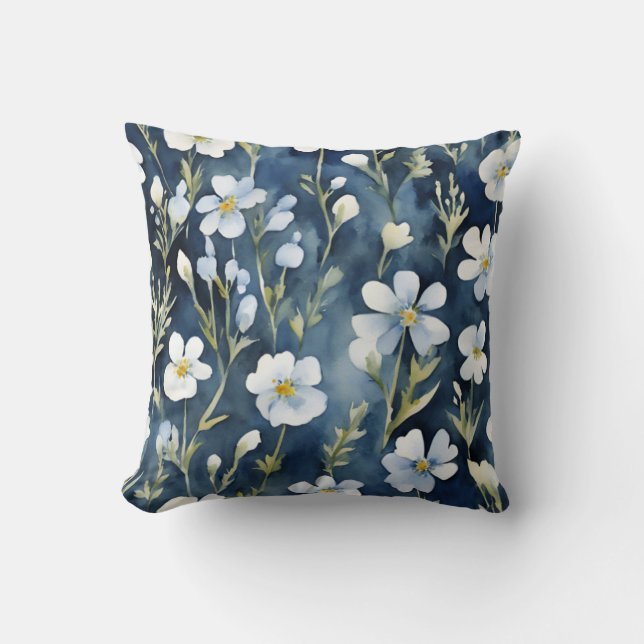 Blå vit blommor Vattenfärgad Chic Kudde (Framsida)