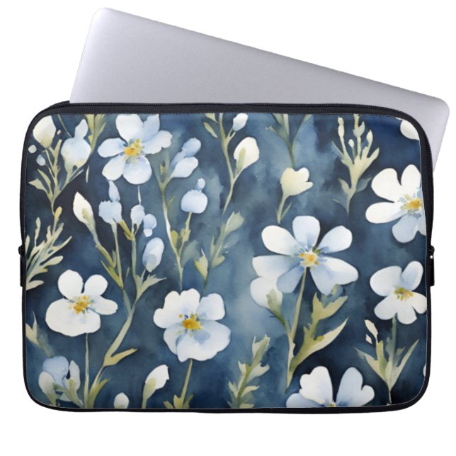 Blå vit blommor Vattenfärgad Chic Laptop Fodral (Framsidan)