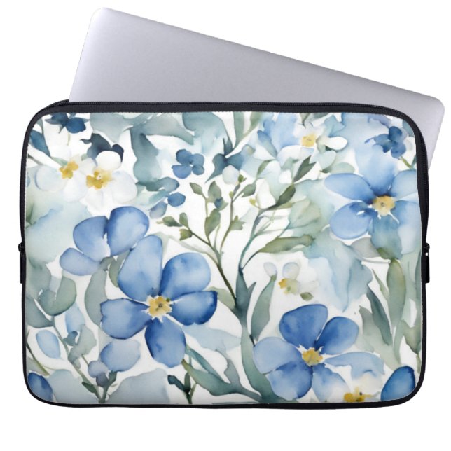 Blå vit blommor Vattenfärgad Chic Laptop Fodral (Framsidan)