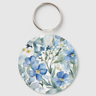 Blå vit blommor Vattenfärgad Chic Nyckelring