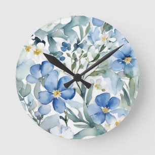 Blå vit blommor Vattenfärgad Chic Rund Klocka