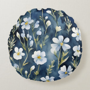 Blå vit blommor Vattenfärgad Chic Rund Kudde
