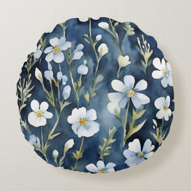 Blå vit blommor Vattenfärgad Chic Rund Kudde (Framsidan)