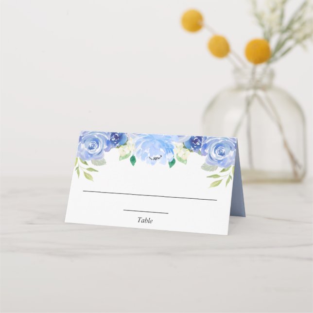 Blå vit blomster grönska elegant platskort placeringskort (Framsida)