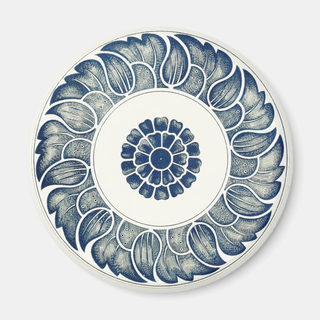 Blå vit blomster kinesisk rund magnet (Framsidan)