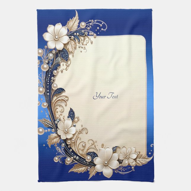 Blå vit blomsterdekoration kökshandduk (Vertikal)