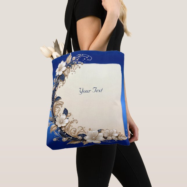 Blå vit blomsterdekoration Totebag Tygkasse (Närbild)