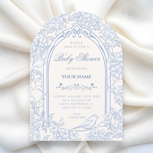 Blå vit blomsterfågel konstnärlig baby shower inbjudningar (Skapare uppladdad)