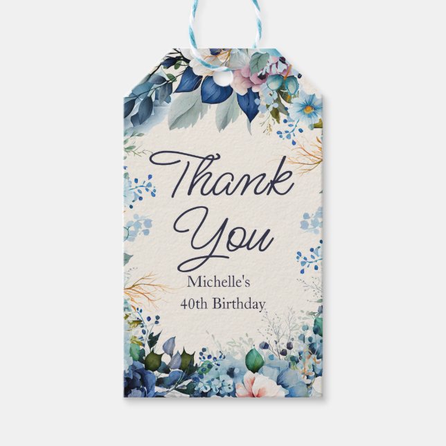 Blå vit blomstergåva för kvinnors födelsedag Tack Presentetikett (Framsidan)