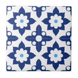 Blå & Vit blomstergeometri Kakelplatta