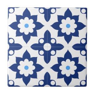 Blå & Vit blomstergeometri Kakelplatta