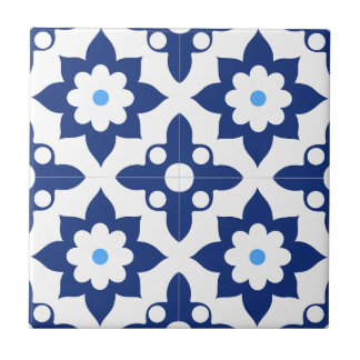 Blå & Vit blomstergeometri Kakelplatta