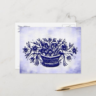 Blå vit blomsterkorg Blommig falsk canvas Vykort