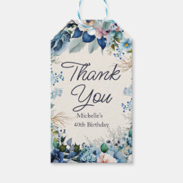 Blå vit blomstermönster kvinnors födelsedags tack presentetikett